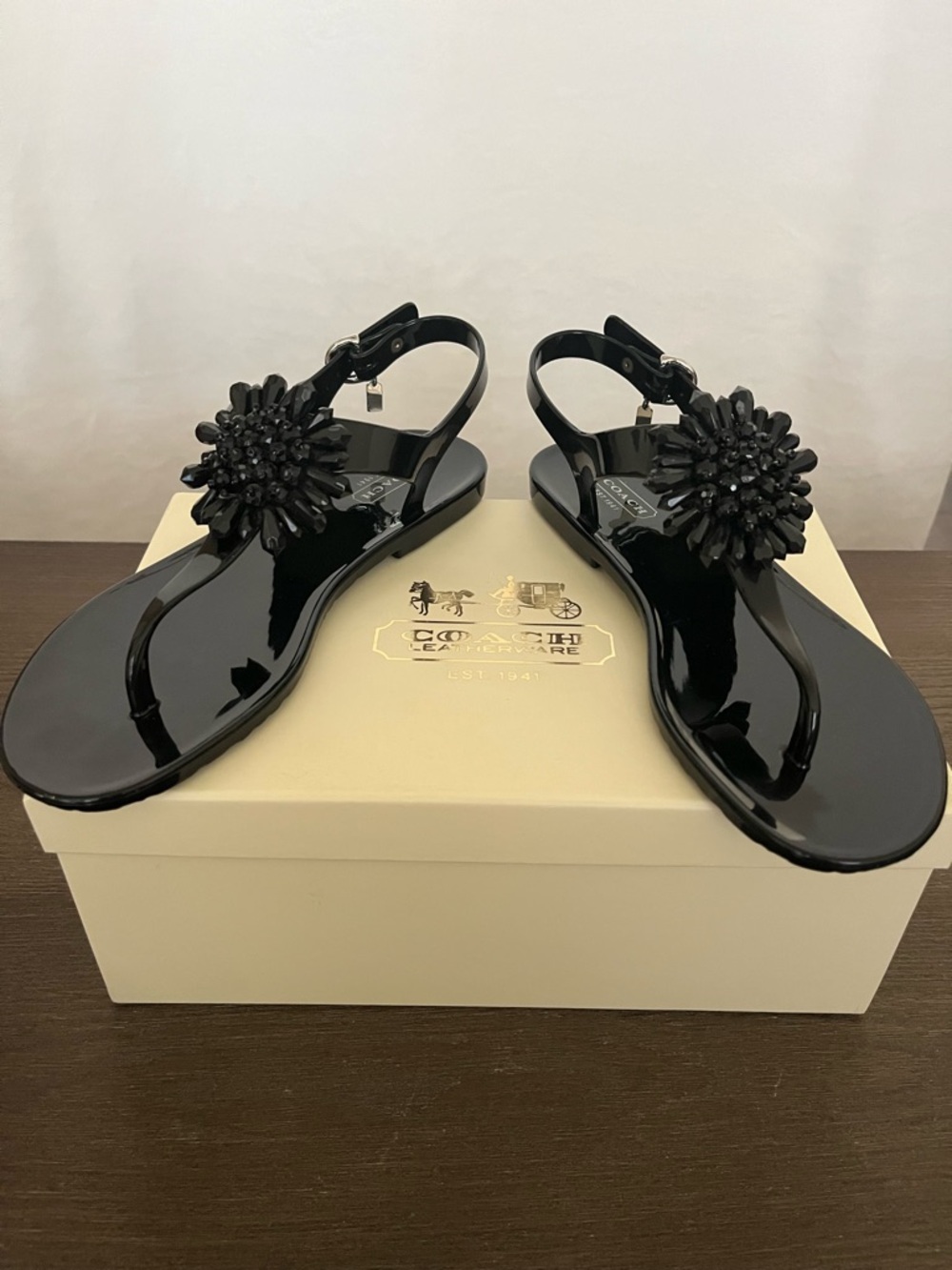 Coach Black Jeweled T-Strap Sandals - Women